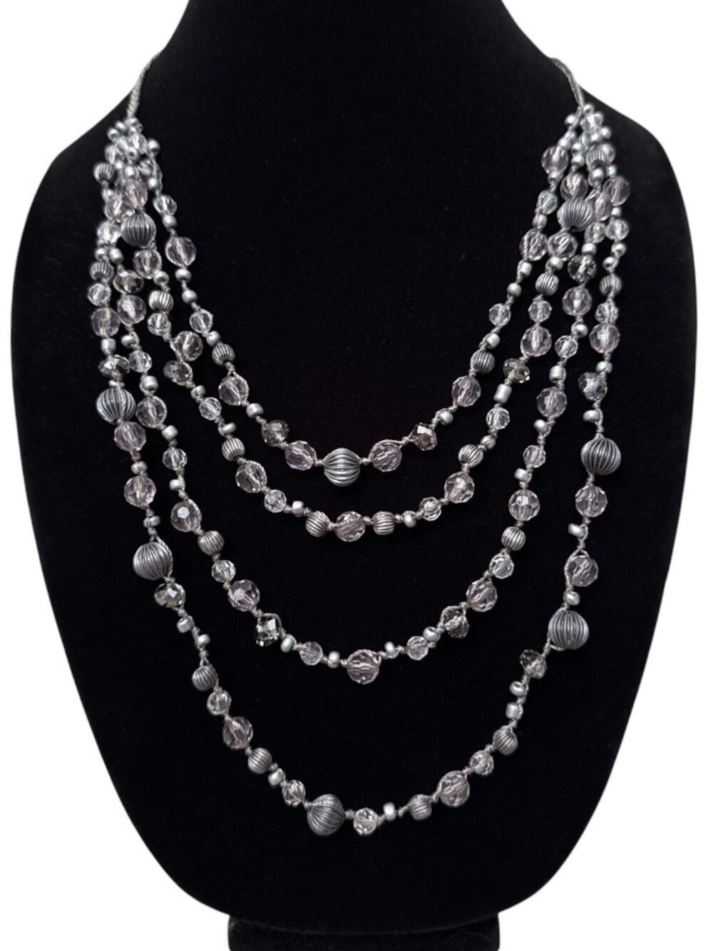 NWT Loft 4-Strand Lightweight Silver Clear Beaded Necklace Braided Cord
